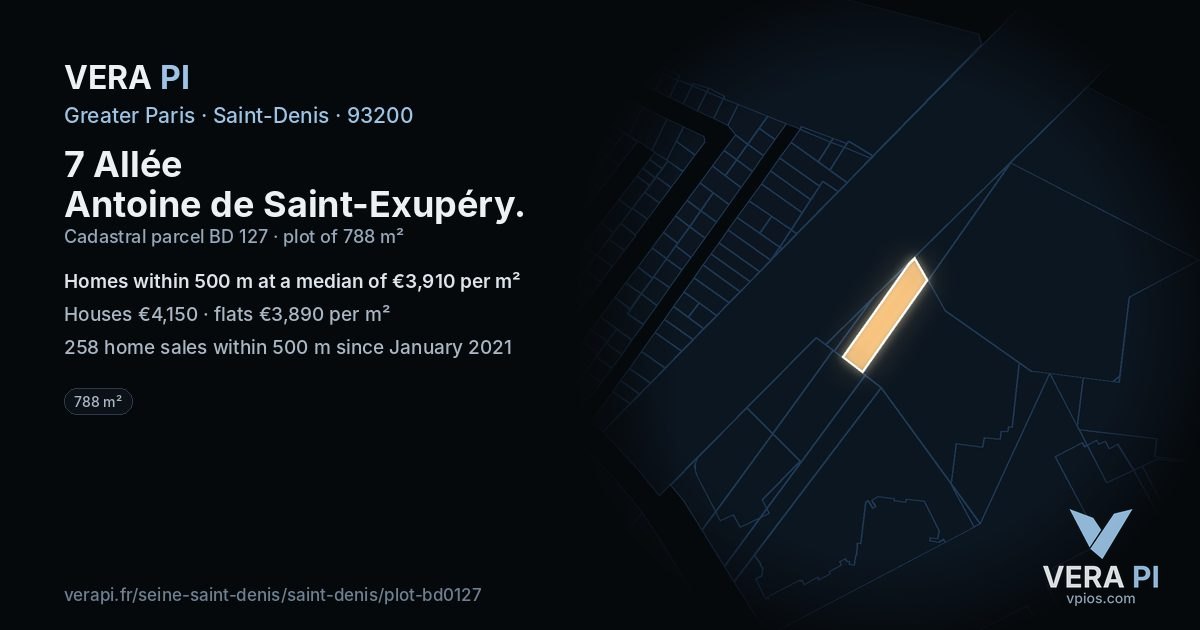 7 Allée Antoine de Saint-Exupéry, Saint-Denis at night – the plot lit, the parcels around coloured by the prices near them