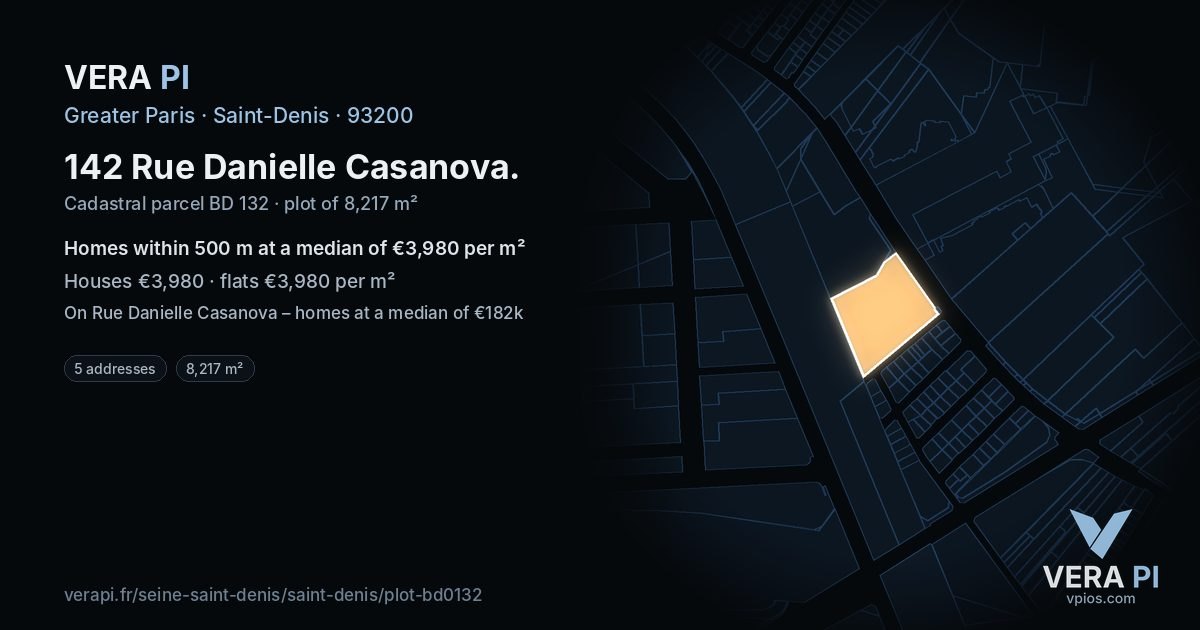 142 Rue Danielle Casanova, Saint-Denis at night – the plot lit, the parcels around coloured by the prices near them