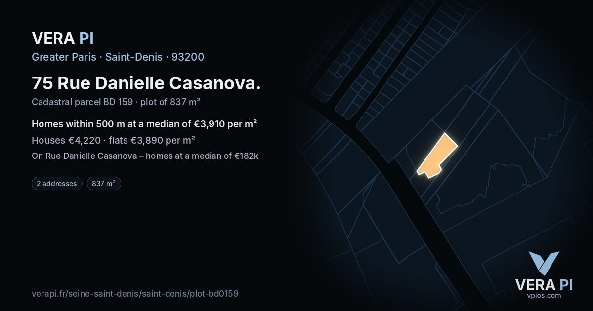 75 Rue Danielle Casanova, Saint-Denis at night – the plot lit, the parcels around coloured by the prices near them