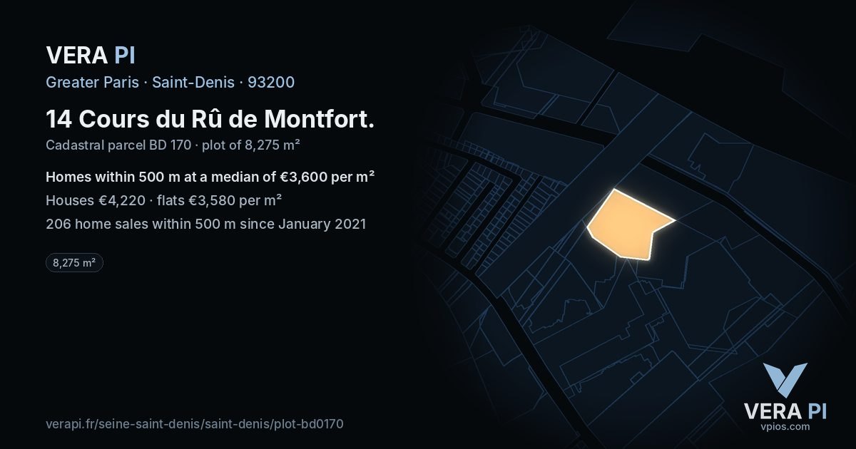 14 Cours du Rû de Montfort, Saint-Denis at night – the plot lit, the parcels around coloured by the prices near them