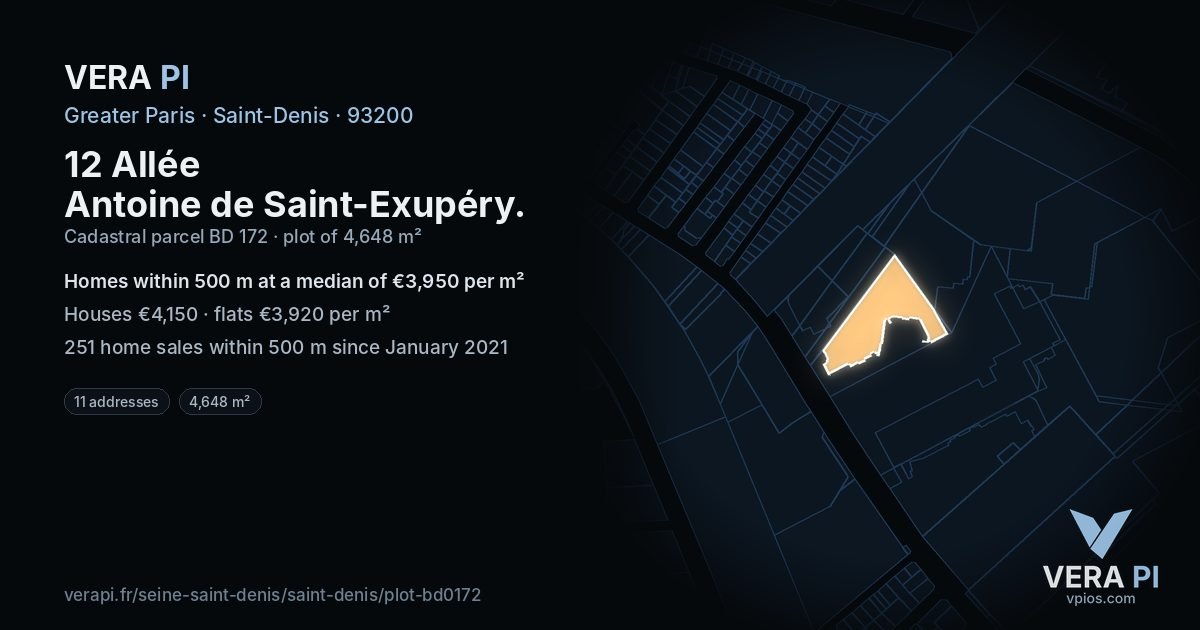 12 Allée Antoine de Saint-Exupéry, Saint-Denis at night – the plot lit, the parcels around coloured by the prices near them