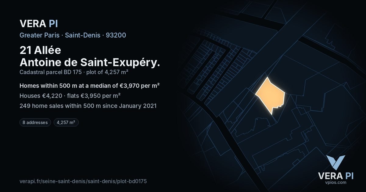 21 Allée Antoine de Saint-Exupéry, Saint-Denis at night – the plot lit, the parcels around coloured by the prices near them