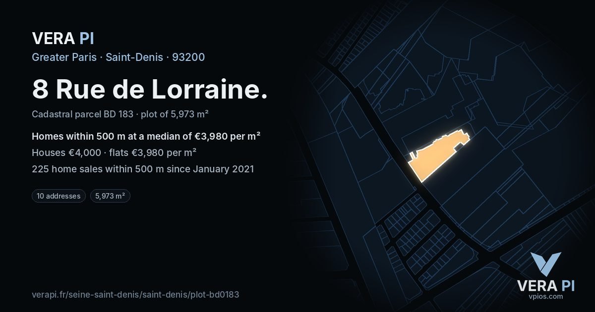 8 Rue de Lorraine, Saint-Denis at night – the plot lit, the parcels around coloured by the prices near them