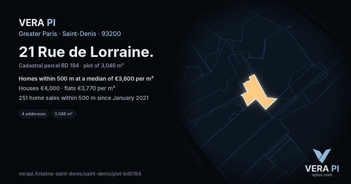 21 Rue de Lorraine, Saint-Denis at night – the plot lit, the parcels around coloured by the prices near them