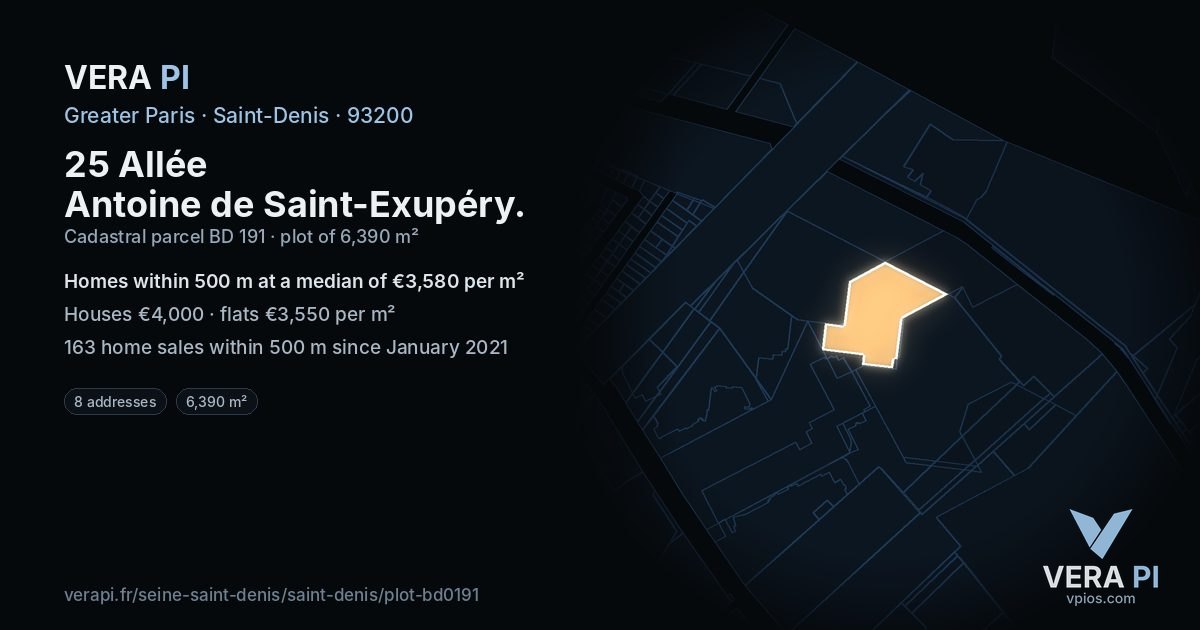 25 Allée Antoine de Saint-Exupéry, Saint-Denis at night – the plot lit, the parcels around coloured by the prices near them
