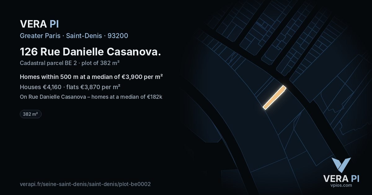 126 Rue Danielle Casanova, Saint-Denis at night – the plot lit, the parcels around coloured by the prices near them