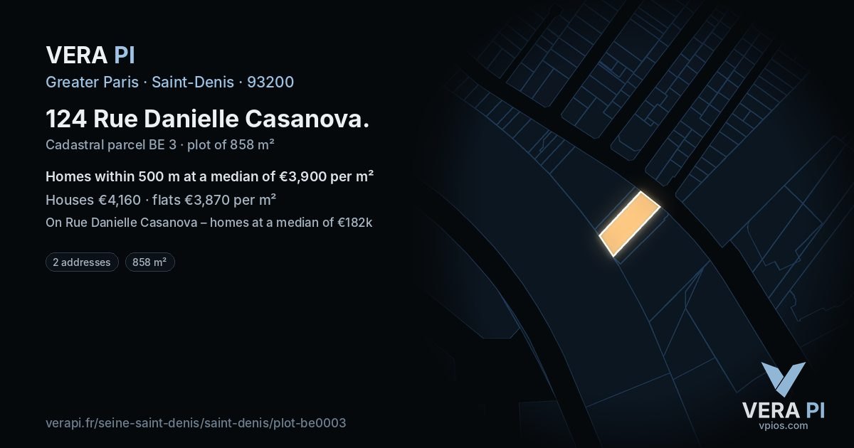 124 Rue Danielle Casanova, Saint-Denis at night – the plot lit, the parcels around coloured by the prices near them