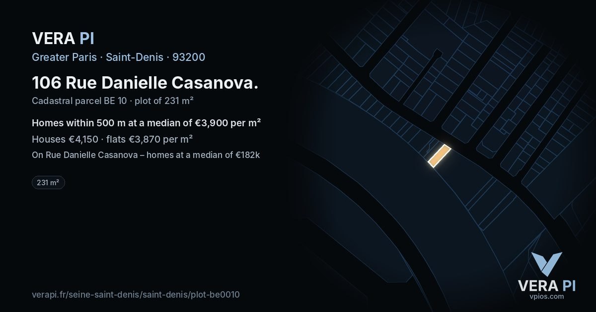 106 Rue Danielle Casanova, Saint-Denis at night – the plot lit, the parcels around coloured by the prices near them