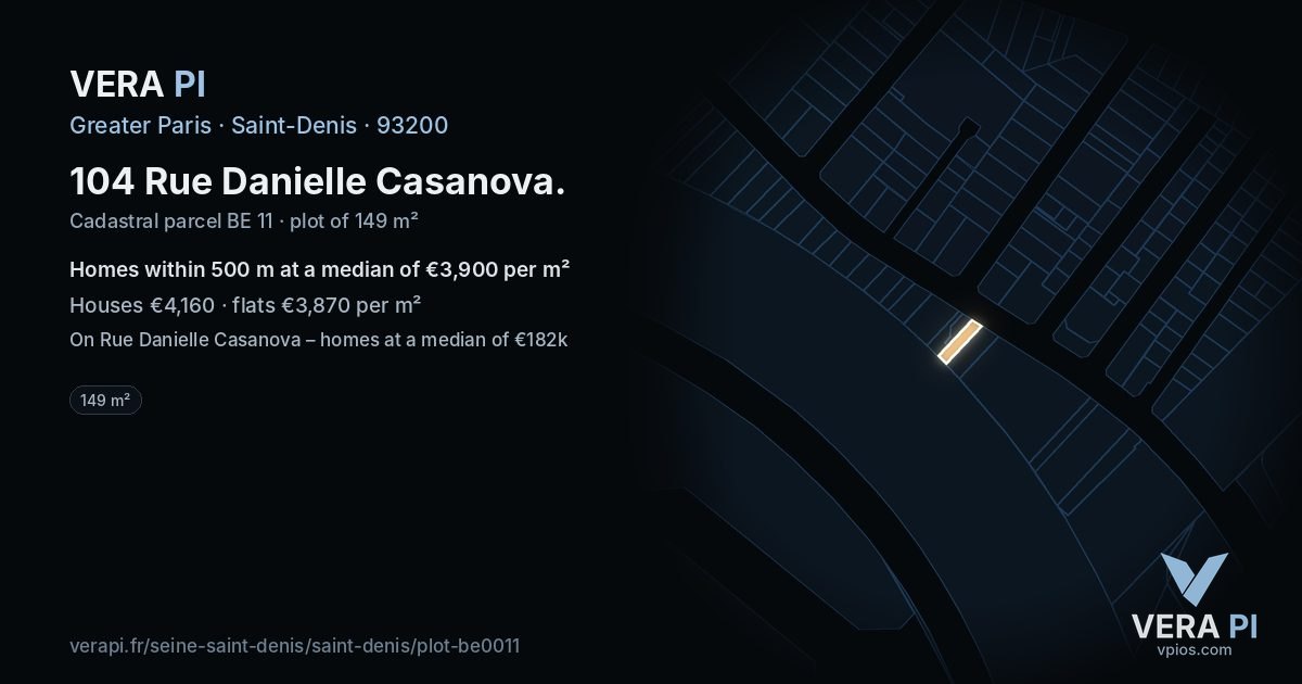 104 Rue Danielle Casanova, Saint-Denis at night – the plot lit, the parcels around coloured by the prices near them