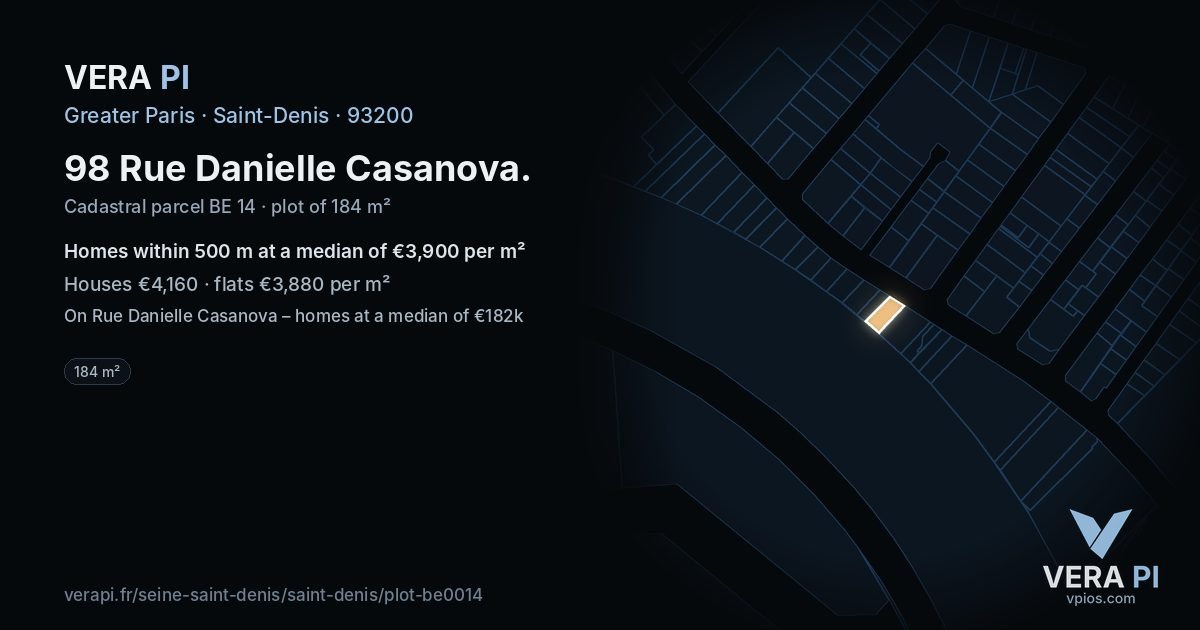 98 Rue Danielle Casanova, Saint-Denis at night – the plot lit, the parcels around coloured by the prices near them