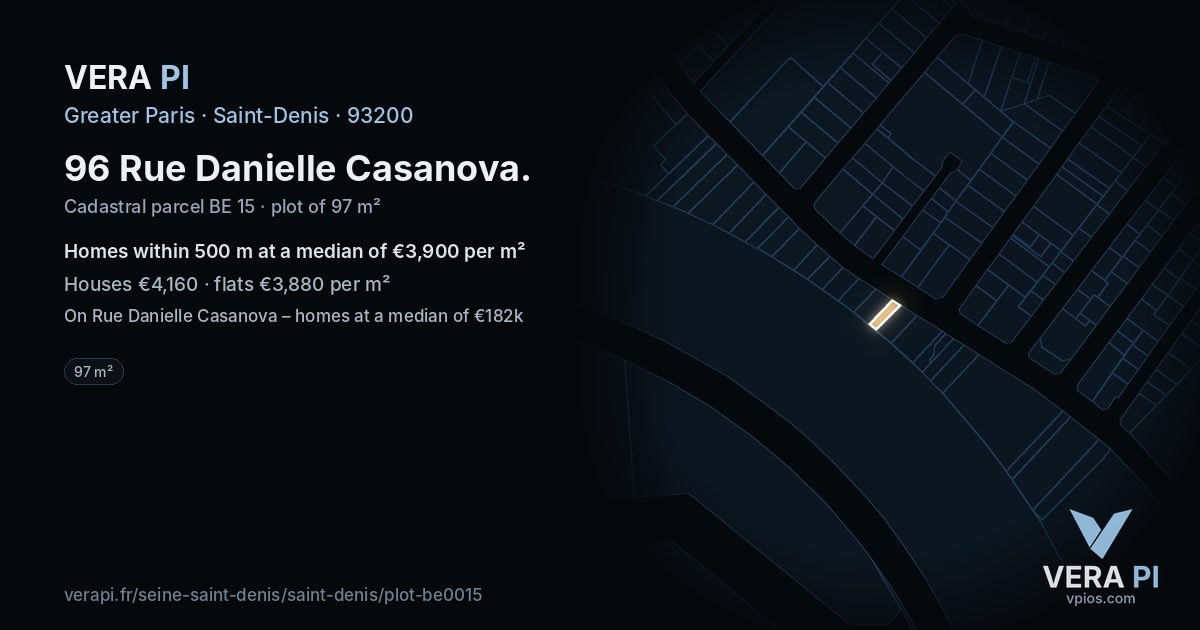 96 Rue Danielle Casanova, Saint-Denis at night – the plot lit, the parcels around coloured by the prices near them