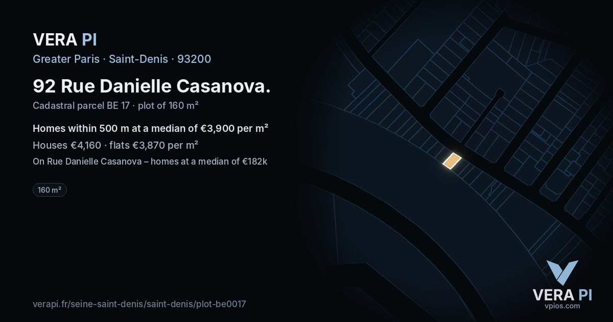 92 Rue Danielle Casanova, Saint-Denis at night – the plot lit, the parcels around coloured by the prices near them