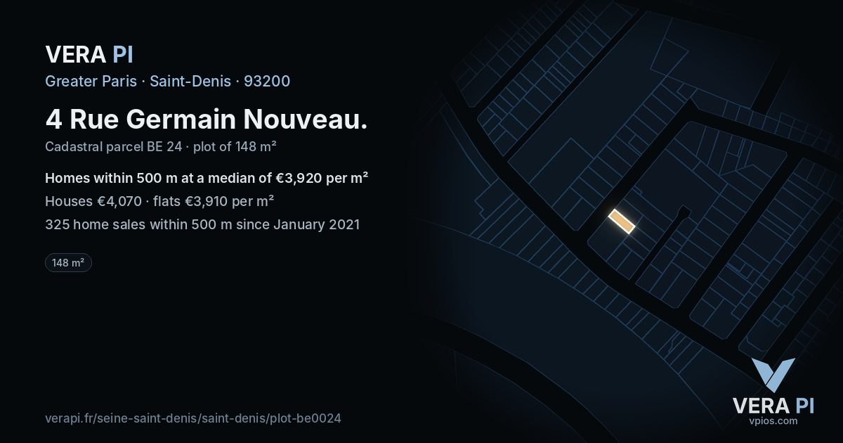 4 Rue Germain Nouveau, Saint-Denis at night – the plot lit, the parcels around coloured by the prices near them