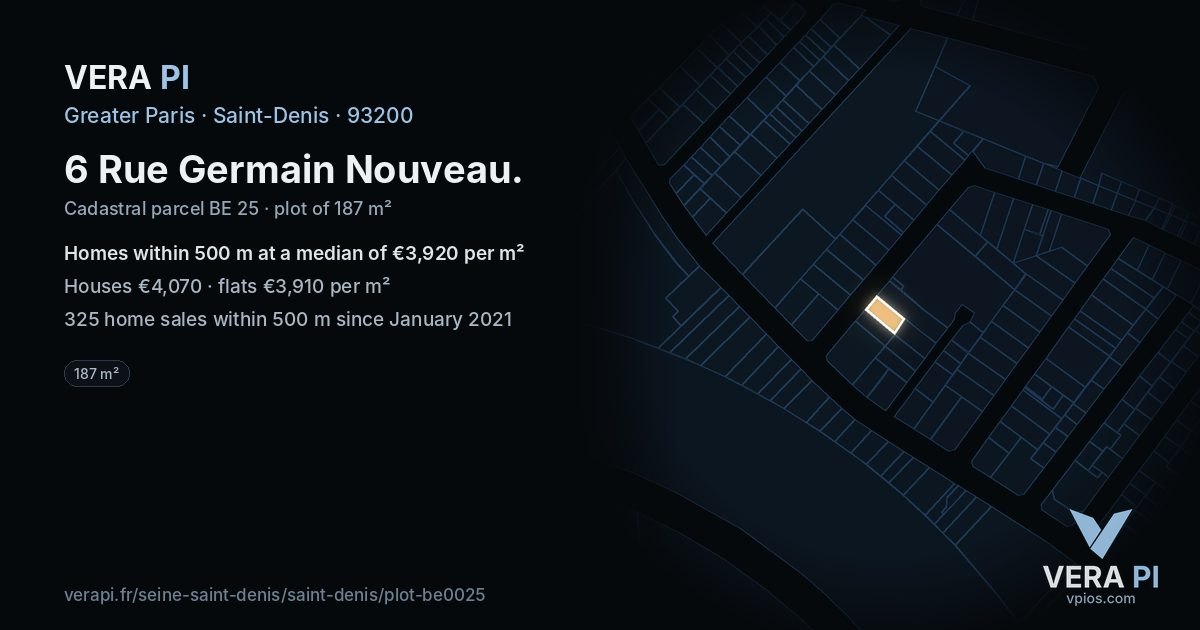 6 Rue Germain Nouveau, Saint-Denis at night – the plot lit, the parcels around coloured by the prices near them