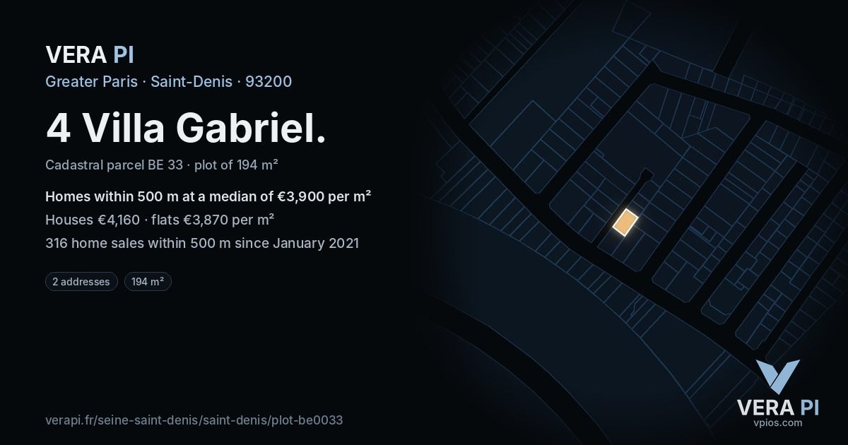 4 Villa Gabriel, Saint-Denis at night – the plot lit, the parcels around coloured by the prices near them