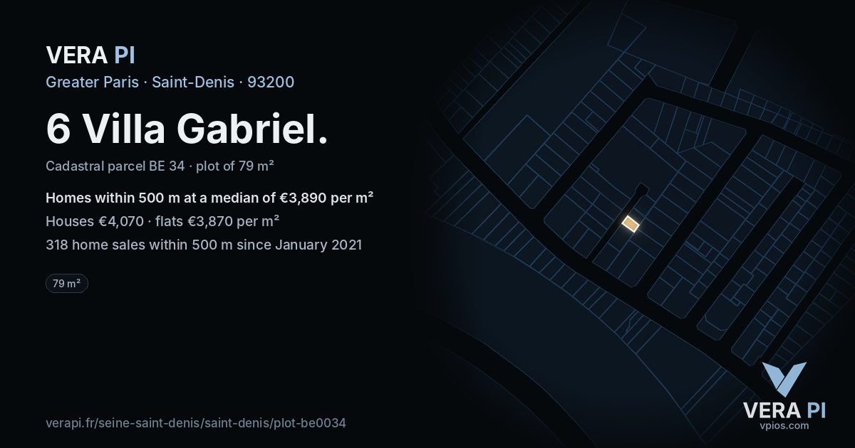6 Villa Gabriel, Saint-Denis at night – the plot lit, the parcels around coloured by the prices near them