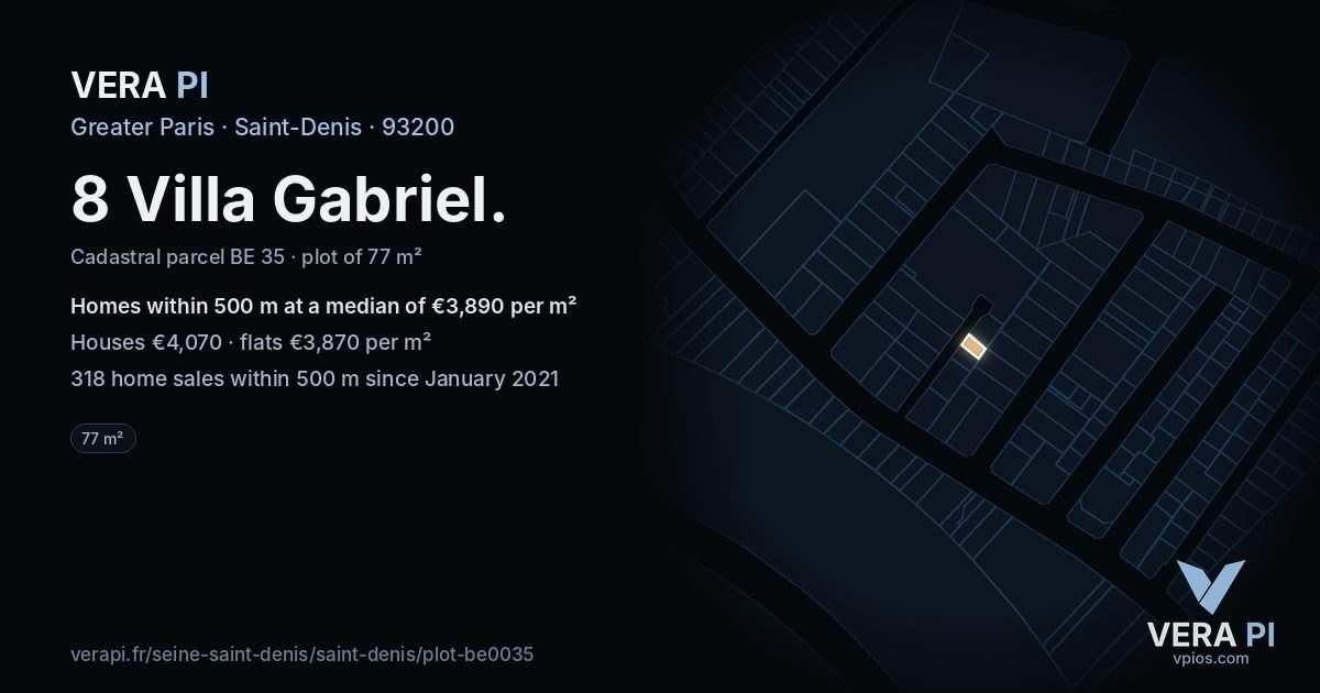 8 Villa Gabriel, Saint-Denis at night – the plot lit, the parcels around coloured by the prices near them