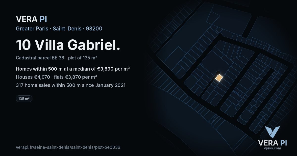 10 Villa Gabriel, Saint-Denis at night – the plot lit, the parcels around coloured by the prices near them