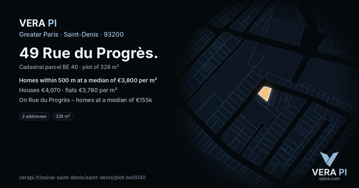 49 Rue du Progrès, Saint-Denis at night – the plot lit, the parcels around coloured by the prices near them