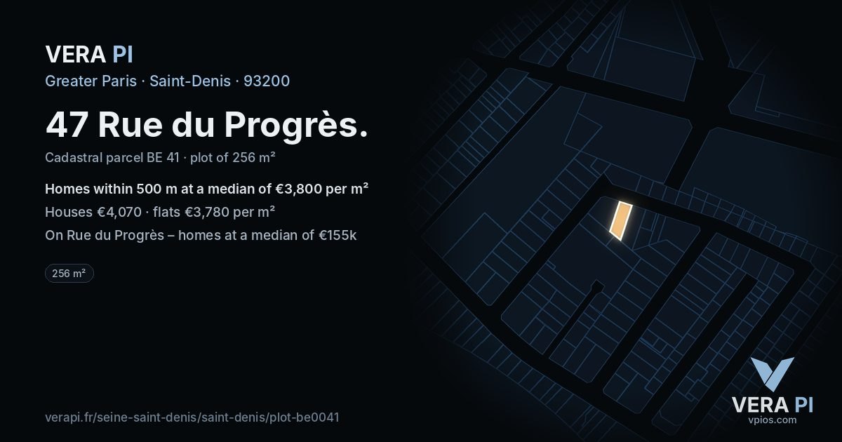 47 Rue du Progrès, Saint-Denis at night – the plot lit, the parcels around coloured by the prices near them