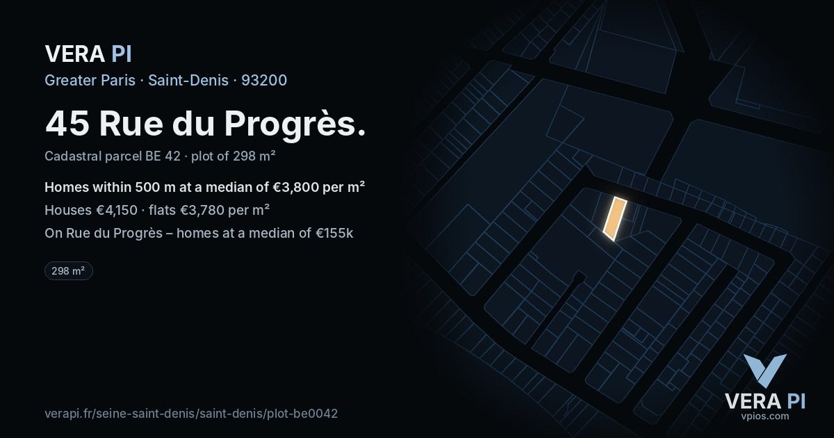 45 Rue du Progrès, Saint-Denis at night – the plot lit, the parcels around coloured by the prices near them
