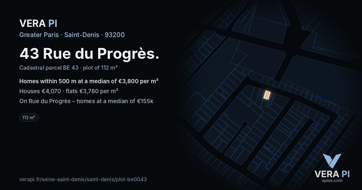 43 Rue du Progrès, Saint-Denis at night – the plot lit, the parcels around coloured by the prices near them