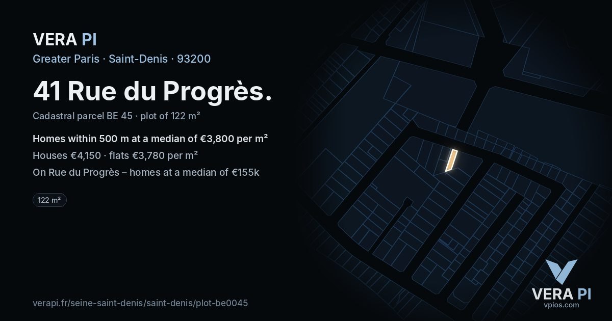 41 Rue du Progrès, Saint-Denis at night – the plot lit, the parcels around coloured by the prices near them