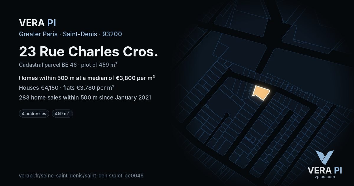 23 Rue Charles Cros, Saint-Denis at night – the plot lit, the parcels around coloured by the prices near them