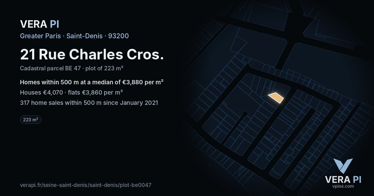 21 Rue Charles Cros, Saint-Denis at night – the plot lit, the parcels around coloured by the prices near them