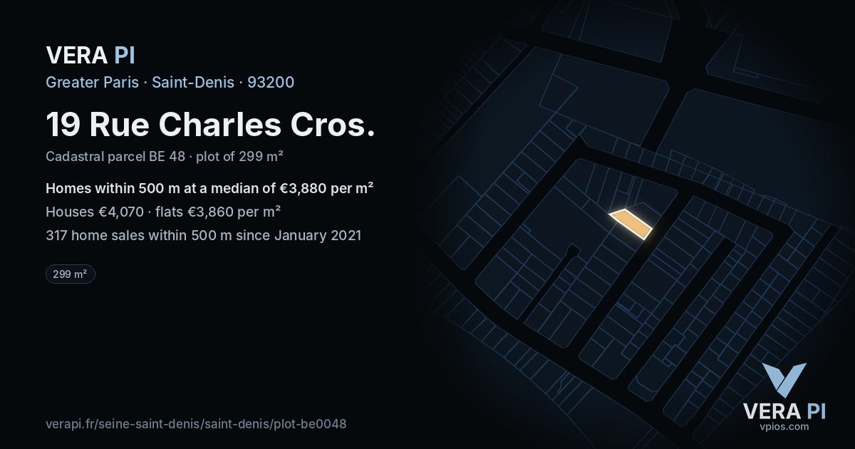 19 Rue Charles Cros, Saint-Denis at night – the plot lit, the parcels around coloured by the prices near them