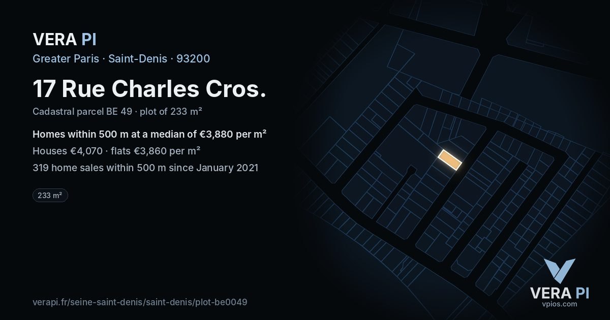 17 Rue Charles Cros, Saint-Denis at night – the plot lit, the parcels around coloured by the prices near them