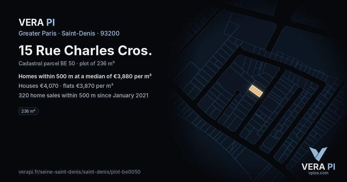 15 Rue Charles Cros, Saint-Denis at night – the plot lit, the parcels around coloured by the prices near them