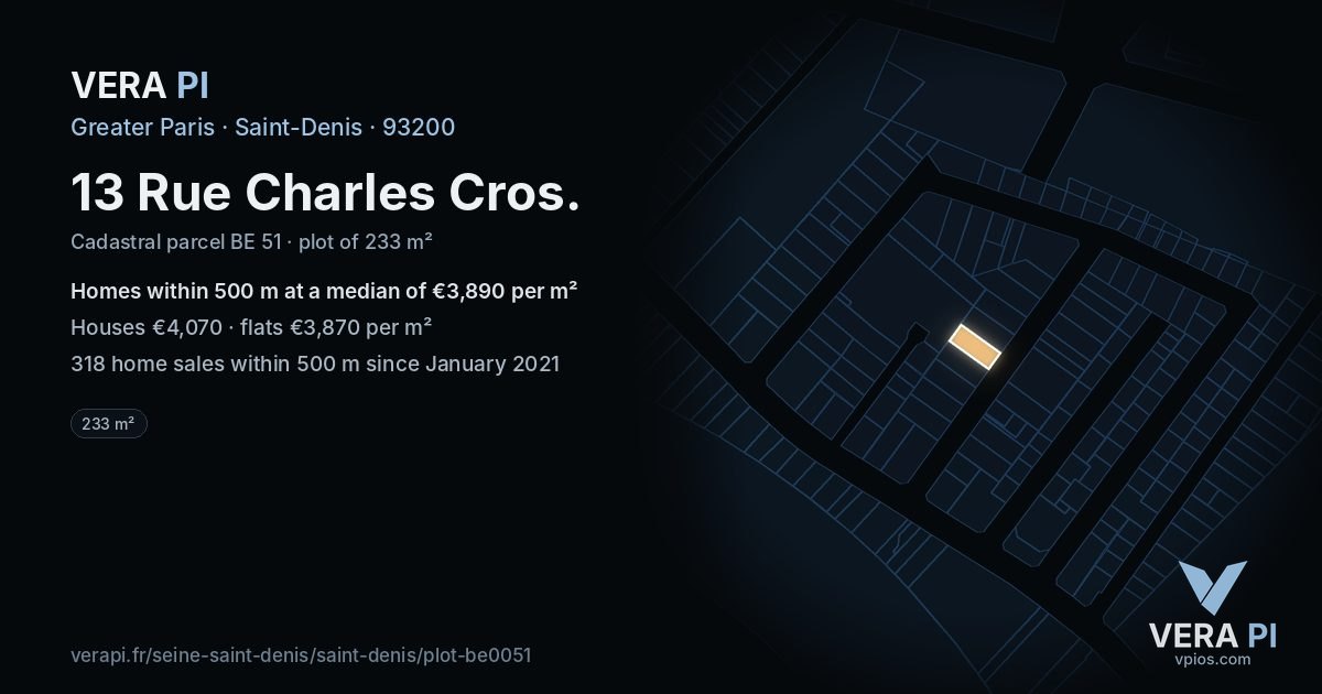 13 Rue Charles Cros, Saint-Denis at night – the plot lit, the parcels around coloured by the prices near them