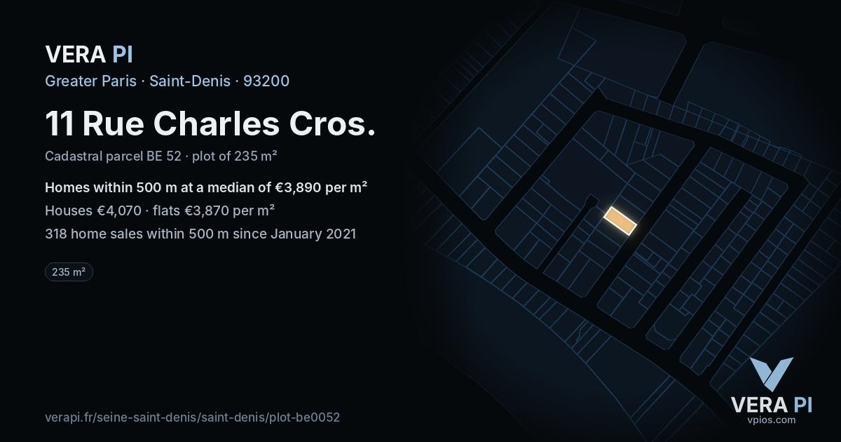 11 Rue Charles Cros, Saint-Denis at night – the plot lit, the parcels around coloured by the prices near them