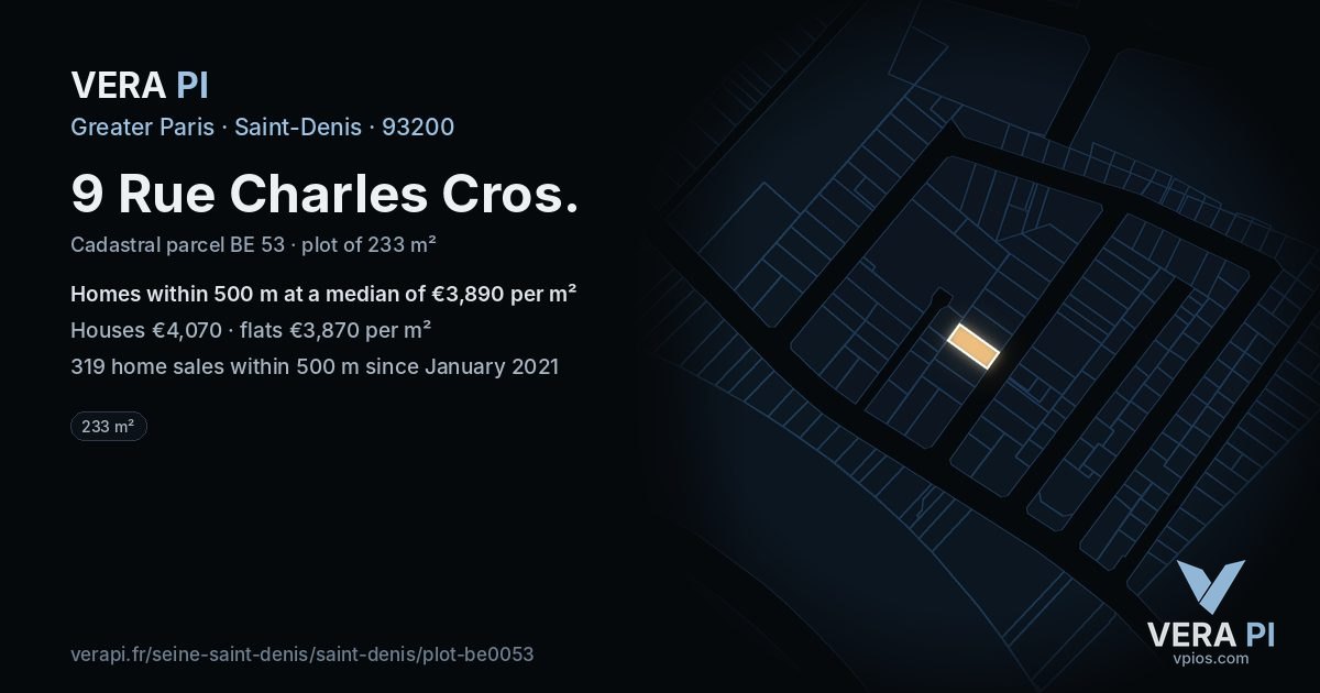 9 Rue Charles Cros, Saint-Denis at night – the plot lit, the parcels around coloured by the prices near them