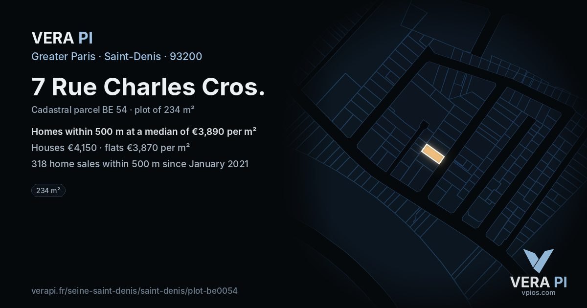 7 Rue Charles Cros, Saint-Denis at night – the plot lit, the parcels around coloured by the prices near them