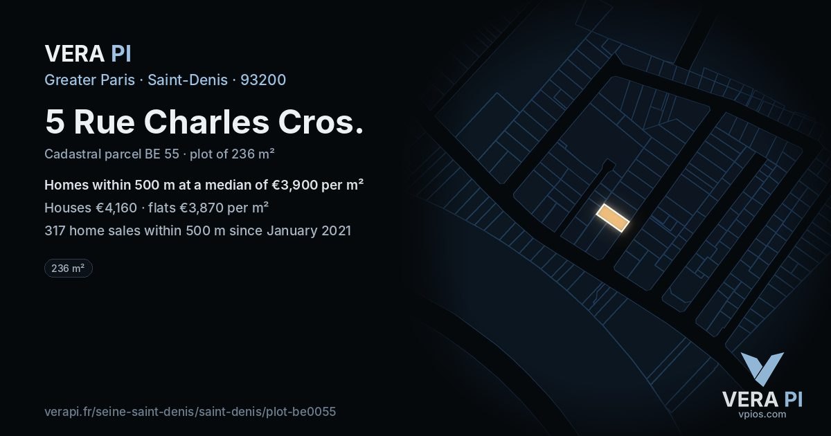 5 Rue Charles Cros, Saint-Denis at night – the plot lit, the parcels around coloured by the prices near them