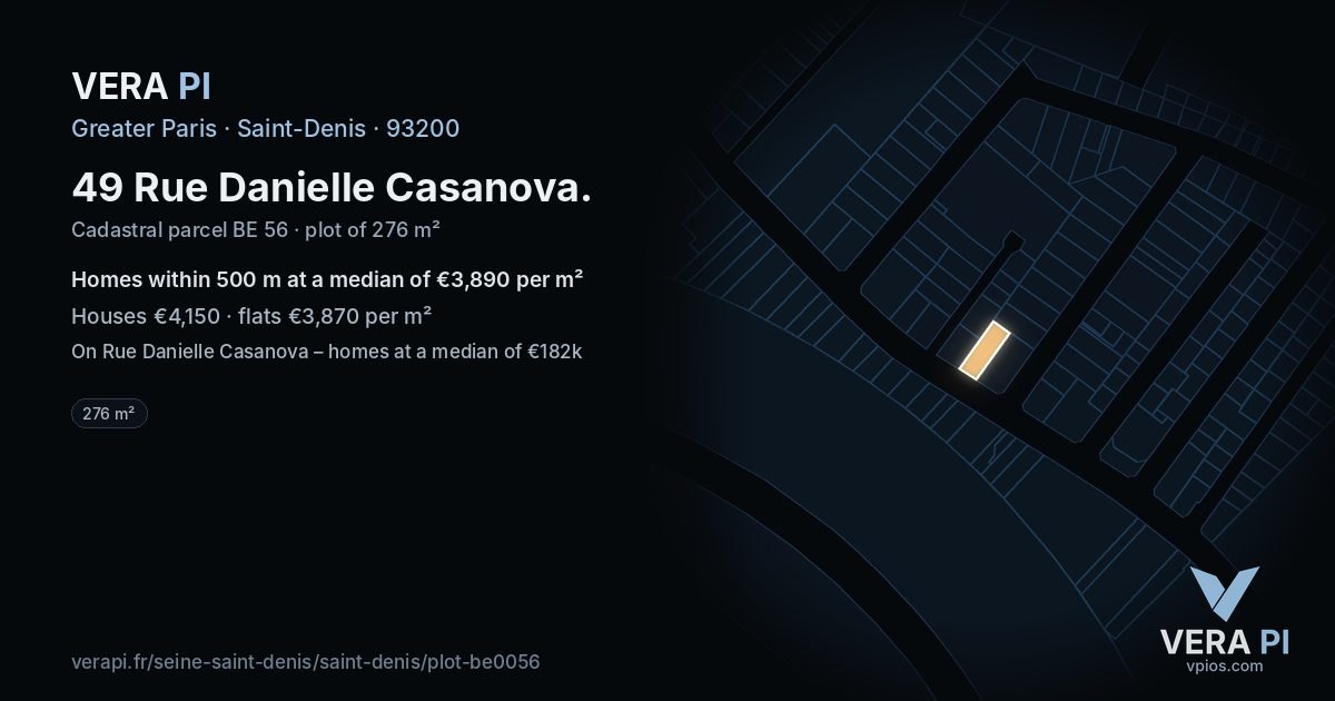 49 Rue Danielle Casanova, Saint-Denis at night – the plot lit, the parcels around coloured by the prices near them