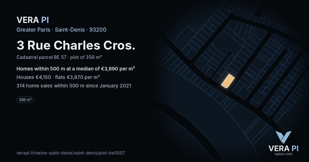 3 Rue Charles Cros, Saint-Denis at night – the plot lit, the parcels around coloured by the prices near them