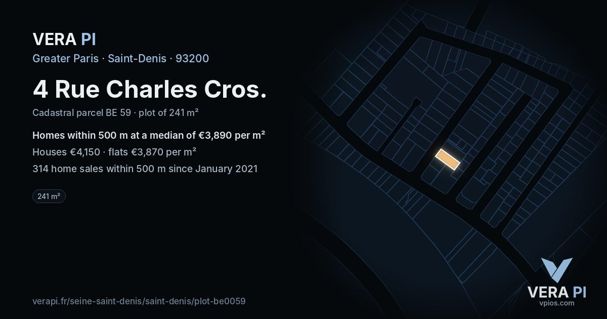 4 Rue Charles Cros, Saint-Denis at night – the plot lit, the parcels around coloured by the prices near them
