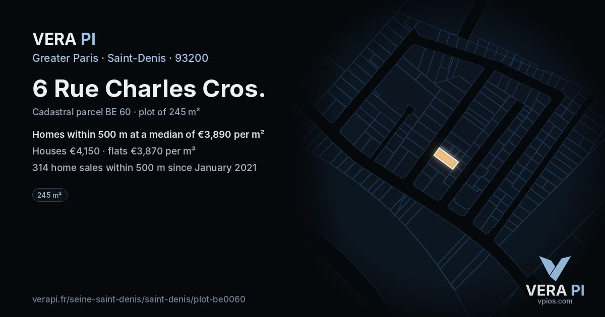 6 Rue Charles Cros, Saint-Denis at night – the plot lit, the parcels around coloured by the prices near them