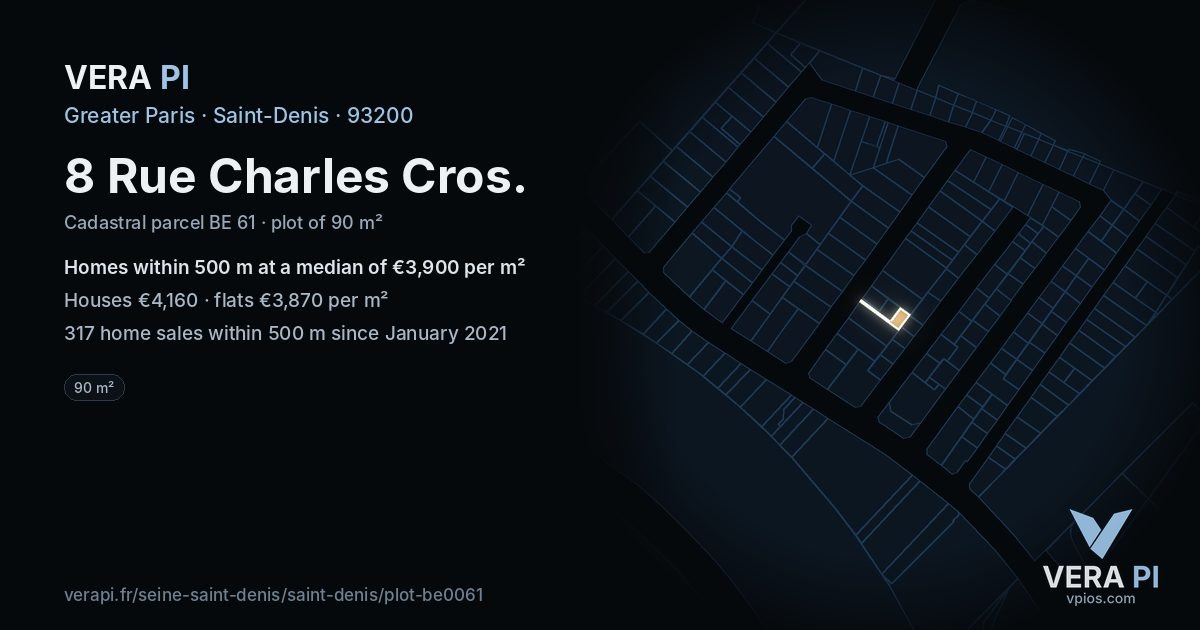 8 Rue Charles Cros, Saint-Denis at night – the plot lit, the parcels around coloured by the prices near them