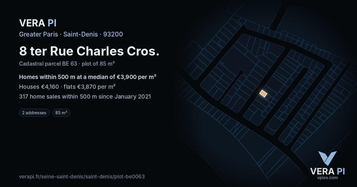 8 ter Rue Charles Cros, Saint-Denis at night – the plot lit, the parcels around coloured by the prices near them