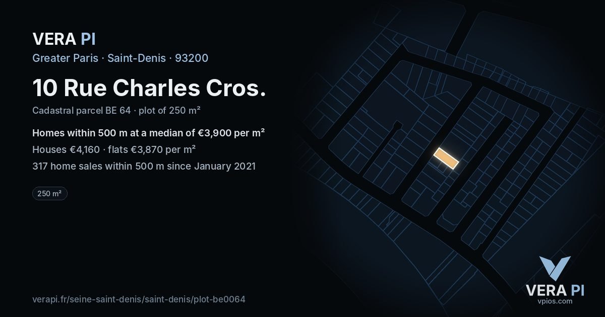 10 Rue Charles Cros, Saint-Denis at night – the plot lit, the parcels around coloured by the prices near them