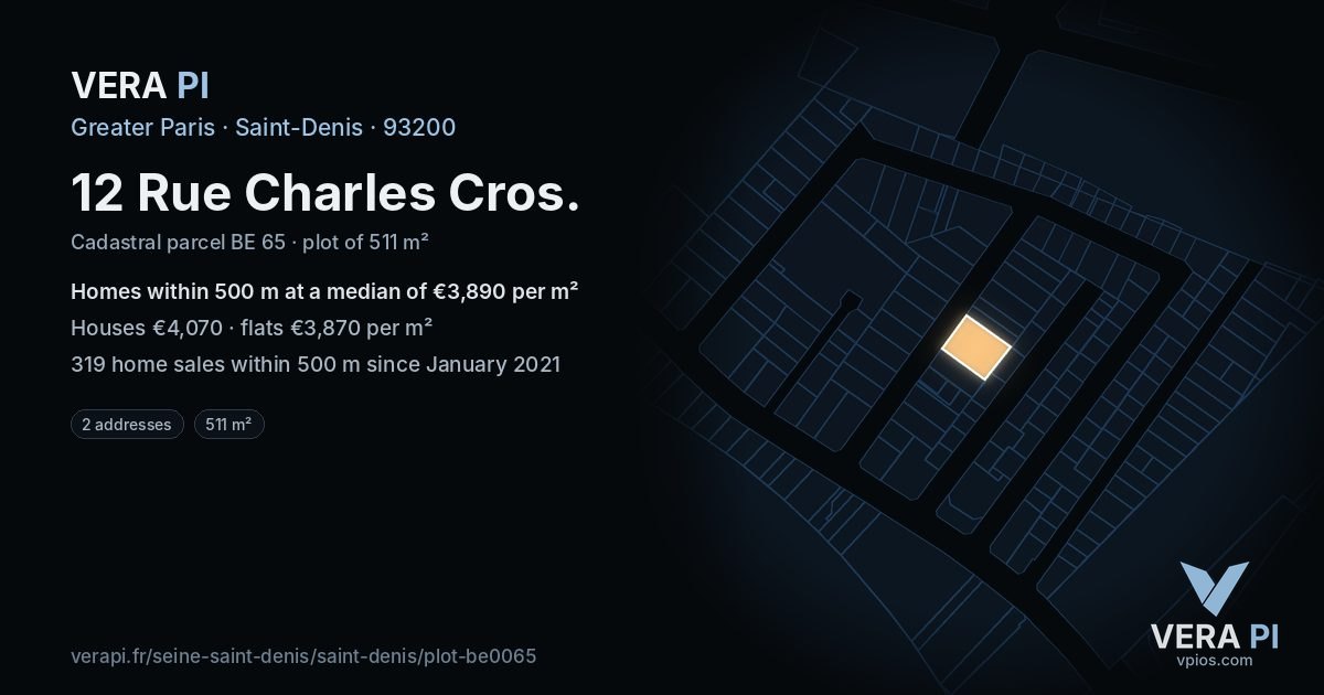 12 Rue Charles Cros, Saint-Denis at night – the plot lit, the parcels around coloured by the prices near them