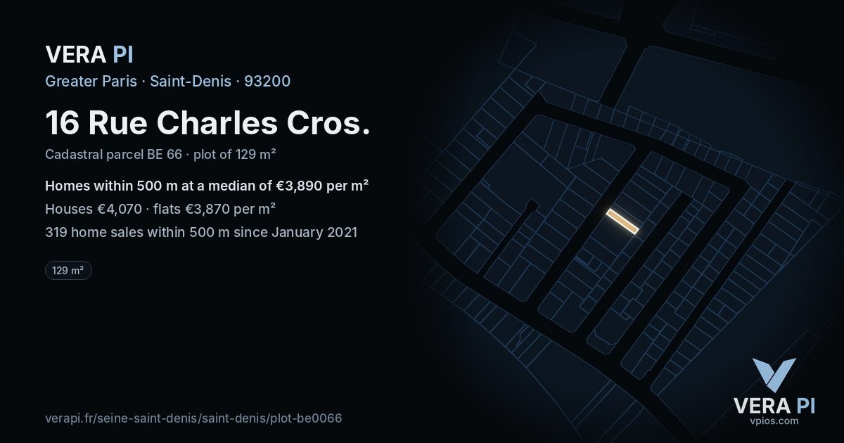 16 Rue Charles Cros, Saint-Denis at night – the plot lit, the parcels around coloured by the prices near them