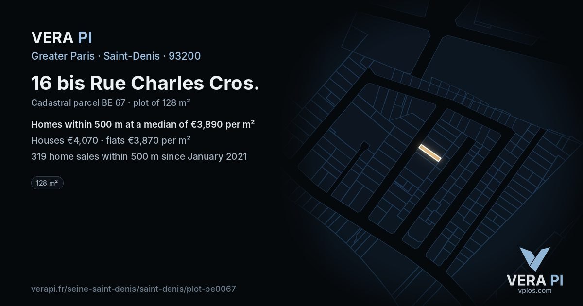 16 bis Rue Charles Cros, Saint-Denis at night – the plot lit, the parcels around coloured by the prices near them