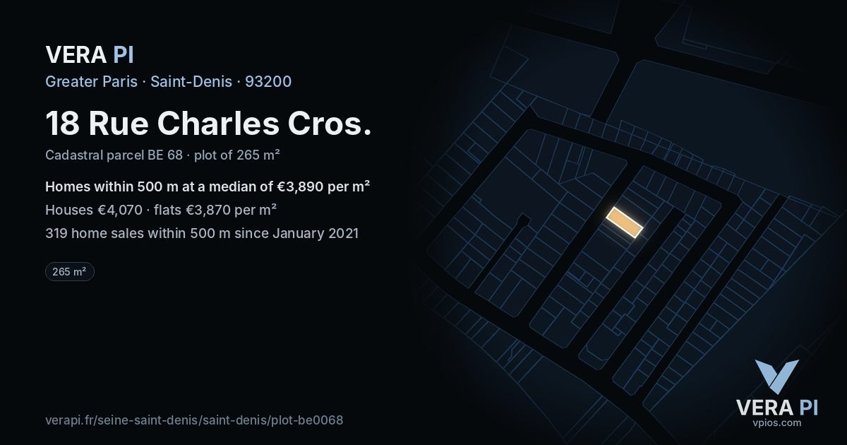 18 Rue Charles Cros, Saint-Denis at night – the plot lit, the parcels around coloured by the prices near them