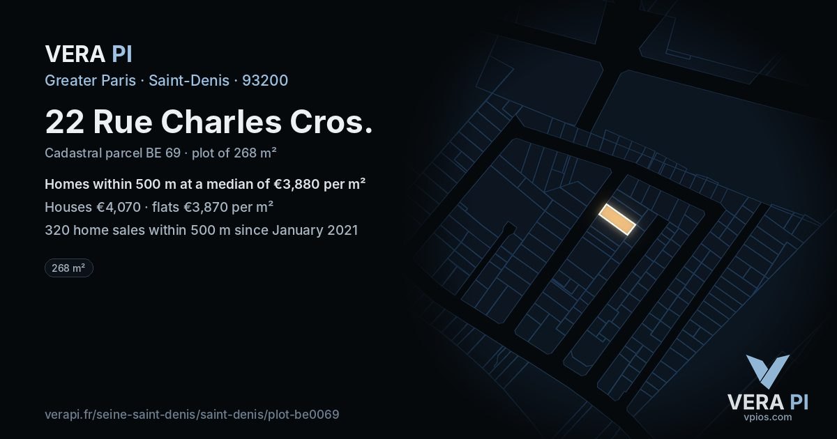 22 Rue Charles Cros, Saint-Denis at night – the plot lit, the parcels around coloured by the prices near them