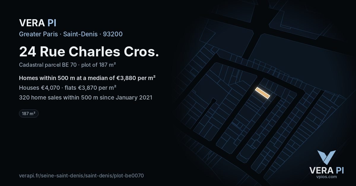 24 Rue Charles Cros, Saint-Denis at night – the plot lit, the parcels around coloured by the prices near them